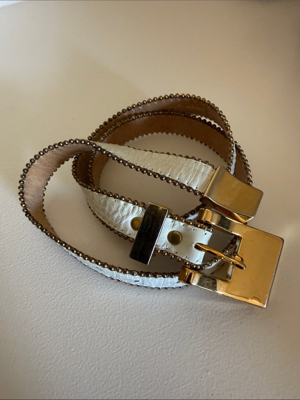 White Leather Belt with Gold Buckle and Beaded Trim size Small